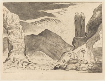 Il cerchio dei falsari; Dante e Virgilio si coprono il naso a causa del fetore da William Blake