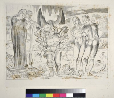 Il cerchio dei ladri: Agnolo Brunelleschi attaccato da un serpente a sei zampe. Inferno, Canto XXV, illustrazione alla Divina Commedia di Dante Alighieri da William Blake