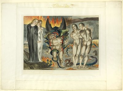 Il cerchio dei ladri; Agnolo Brunelleschi attaccato da un serpente a sei zampe. Inferno, canto XXV da William Blake