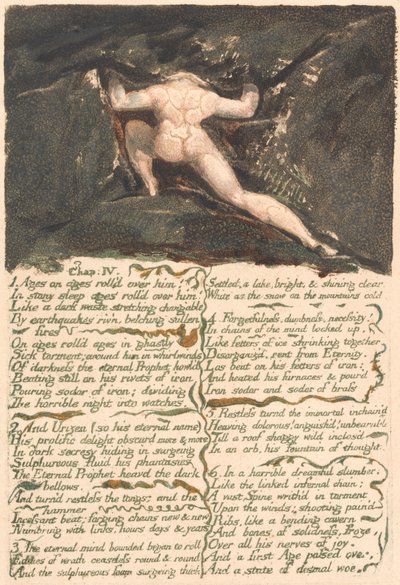 Il primo libro di Urizen, tavola 9, "Cap: IV | 1 Età su età rotolava su di lui . . . ." (Bentley 10) da William Blake