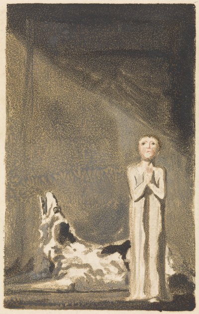 Il primo libro di Urizen, tavola 24, Un ragazzo in un lungo vestito, in piedi con le mani giunte a destra di un cane da William Blake