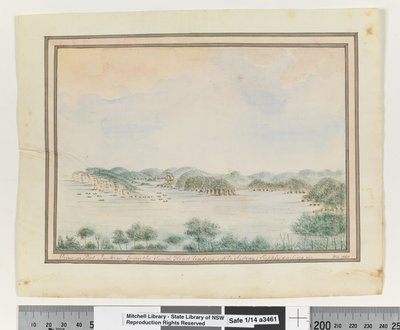 Vista di Port Jackson dalla South Head verso Sydney; Supply in navigazione, c.1802 da William Bradley