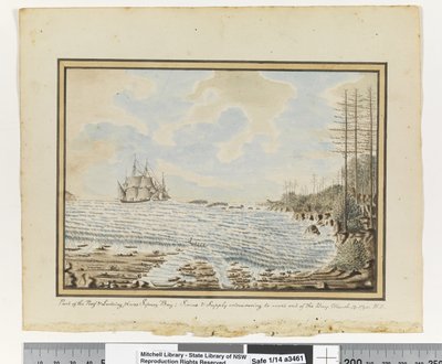 Opp. p. 194. `Parte della barriera corallina e luoghi di sbarco Sydney Bay; Sirius e Supply che cercano di uscire dalla baia. 19 marzo 1790