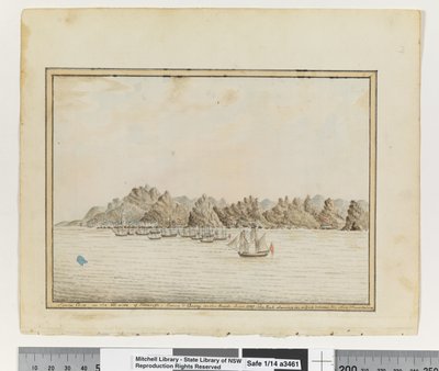 Opp. p. 19. `Santa Cruz sul lato sud-est di Tenerife; Sirius & Convoy nelle strade. Giugno 1787. Il Picco che mostra in un gap tra due altre montagne