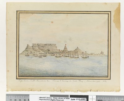 Città del Capo, Table Mountain; Sirius e Convoglio in Table Bay, novembre 1787, c.1802 da William Bradley