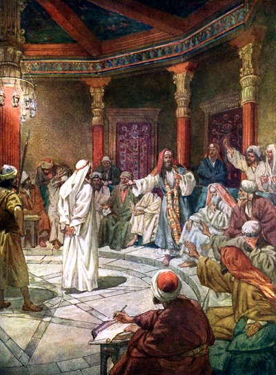 Gesù è interrogato dal sommo sacerdote Caifa - Bibbia da William Brassey Hole