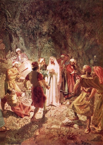 Giuda tradisce Gesù con un bacio, nel giardino del Getsemani da William Brassey Hole