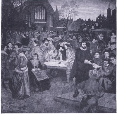 Firma del Patto Nazionale nel cimitero di Greyfriars 1638, da La Storia del Popolo Britannico di Cassell pubblicato da Waverley Book Company Limited, c.1940 da William Brassey Hole
