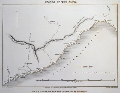 Mappa dei passi sulle Alpi Marittime, strada costiera tra Genova e Nizza, da Illustrations of the passes of the Alps by which Italy communicates with France, Switzerland and Germany, di William Brockedon (1787-1854) da William Brockedon