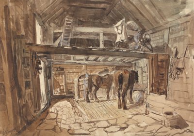 Interno di una stalla, con due cavalli che si nutrono da William Burgess