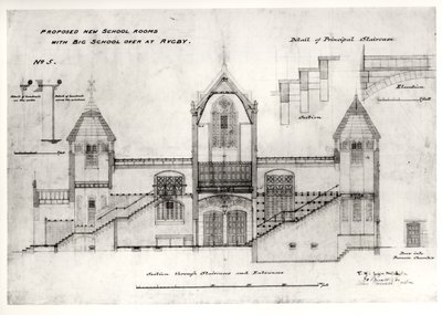 Dettagli degli ingressi, scale, porta della camera della fornace e corrimano, (New Big School), Rugby School, 1844 da William Butterfield