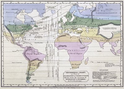 Carta isoterma, o, vista dei climi e delle produzioni, illustrazione da Accounts di Alexander von Humboldt, 1823 da William C. Woodbridge