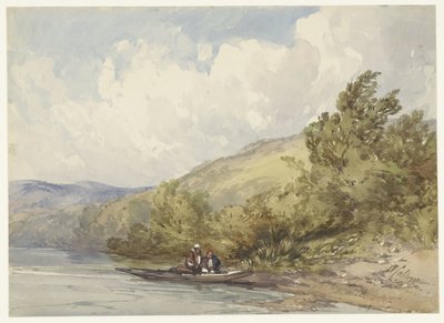 Paesaggio collinare con un lago e una barca con due figure da William Callow