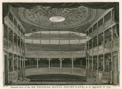 Vista interna del vecchio Theatre Royal, Drury Lane, Londra, come appariva nel 1792 da William Capon