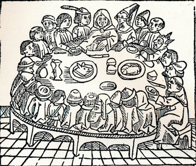 I pellegrini di Canterbury seduti per un pasto condiviso da William Caxton
