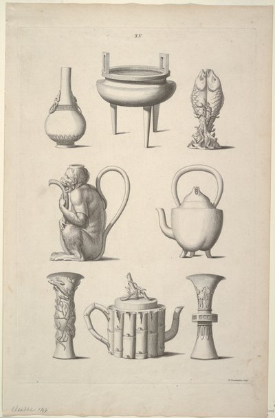 Progetti per Stoviglie, Tavola XV di Progetti di Edifici Cinesi, Mobili, Vestiti, Macchine e Utensili da William Chambers