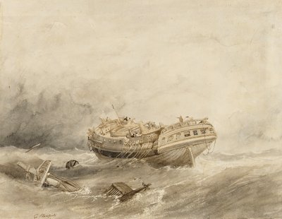 Una nave mercantile deraglia nella calma che segue la tempesta. Acquerello di Clarkson Stanfield da William Clarkson Stanfield