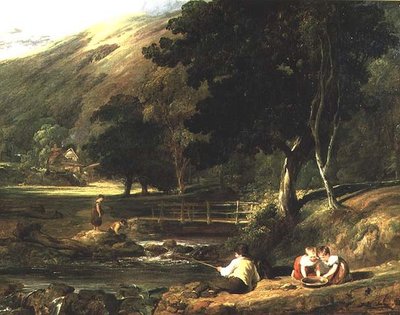 Borrowdale, Cumberland, con bambini che giocano vicino a un ruscello da William Collins