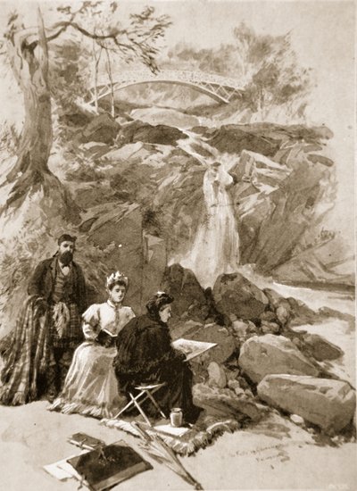 La regina Vittoria come artista: Sua Maestà che disegna le cascate di Garrawalt, Braemar da William Crimea Simpson