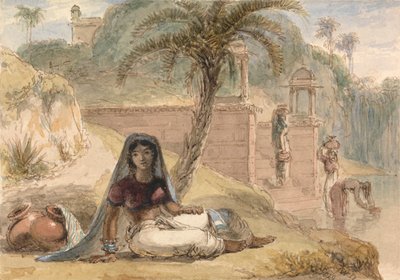Ragazza indiana seduta vicino a un fiume da William Daniell