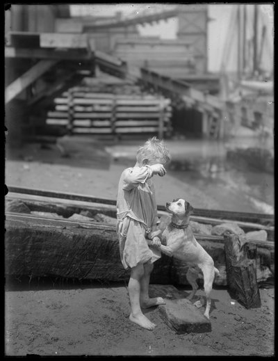 Ragazzo a piedi nudi, possibilmente William Gray Hassler, gioca con il cane sulla riva di un fiume o lago, New York, c.1910 da William Davis Hassler
