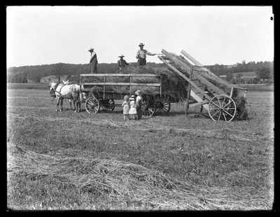 Lavoratori agricoli che caricano fieno su un carro trainato da cavalli mentre tre bambini guardano, McCready Farm, Contea di Crawford, Pennsylvania, c.1913 da William Davis Hassler