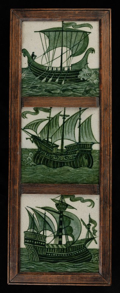 Pannello di piastrelle di navi a vela, in cornice, c.1865-80 da William de Morgan