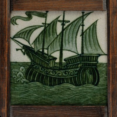 Pannello di piastrelle di navi a vela, incorniciato, c.1865-80 da William de Morgan