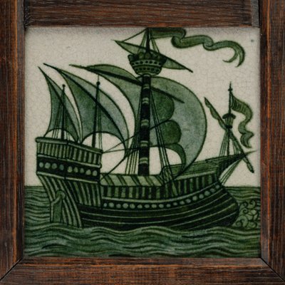 Pannello di piastrelle di navi a vela, incorniciato, c.1865-80 da William de Morgan