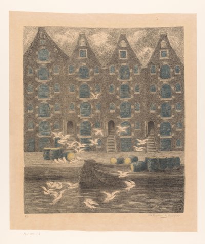 Magazzini sul Brouwersgracht ad Amsterdam da William Degouve de Nuncques (signed by artist)