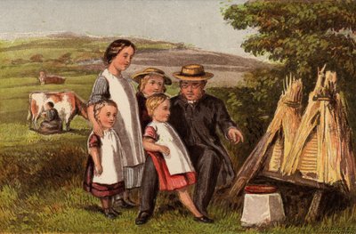 Industria: famiglia in campagna con alveari (cromolitografia) da William Dickes