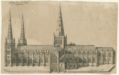 Cattedrale di Lichfield - Vista sud: incisione su rame, nd [?metà XVII secolo] da William Dugdale