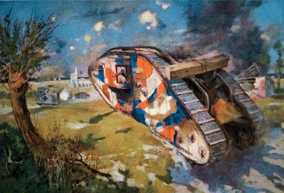 Carro armato britannico Mk IV camuffato in azione contro un carro armato tedesco nella Prima Guerra Mondiale, illustrazione pubblicata in 