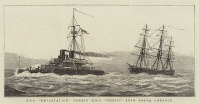 HMS Devastation rimorchiando HMS Thetis nel porto di Malta da William Edward Atkins