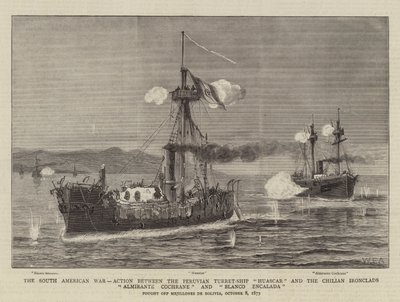 La guerra sudamericana, azione tra la nave torretta peruviana Huascar e le corazzate cilene Almirante Cochrane e Blanco Encalada da William Edward Atkins
