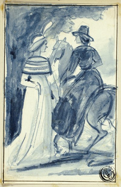 Due donne (una a cavallo) in abiti della fine del XVIII secolo da William Edward Frost