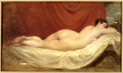 Nudo sdraiato su un divano contro una tenda rossa da William Etty