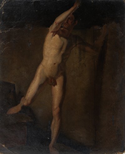 Nudo maschile in piedi, braccio destro alzato, piede destro su blocchi da William Etty