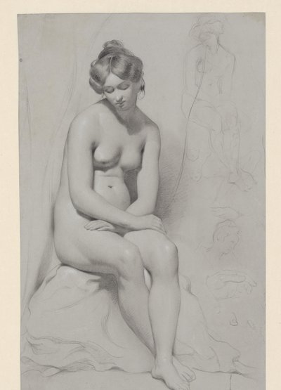 Modello femminile nudo seduto con acconciatura alta, disegnato di nuovo accanto da William Etty