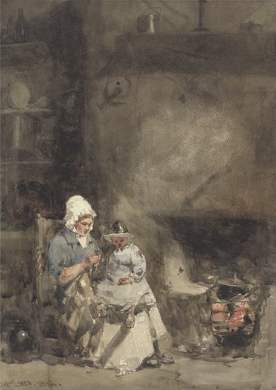 Una donna e un bambino vicino a un focolare, 1842 da William Evans