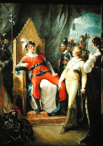 Edoardo Principe di Galles e sua madre la Regina Margherita (1430-82) portati davanti al Re Edoardo IV (1442-83) dopo la Battaglia di Tewkesbury da William Hamilton