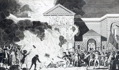 Le devastazioni causate dai rivoltosi di Londra che incendiano la nuova prigione di Newgate e bruciano i mobili del signor Akerman, 6 giugno 1780, inciso da T. Thornton da William Hamilton