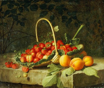 Un cesto di fragole con pesche su un ripiano di pietra da William Hammer