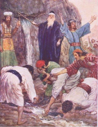 Mosè che colpisce la roccia, da The Bible Story pubblicato da Hodder & Stoughton, c.1930 da William Hatherell