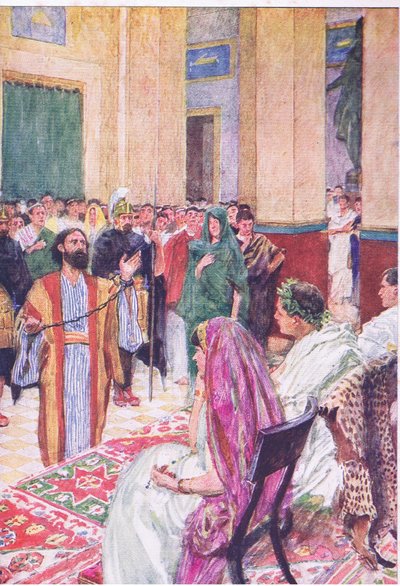 Paolo davanti ad Agrippa, dalla Storia della Bibbia pubblicata da Hodder & Stoughton, c.1930 (litografia a colori) da William Hatherell
