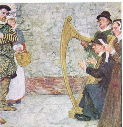 Shakespeare ascolta i cantastorie vicino a Somerset House, da My Magazine da William Hatherell