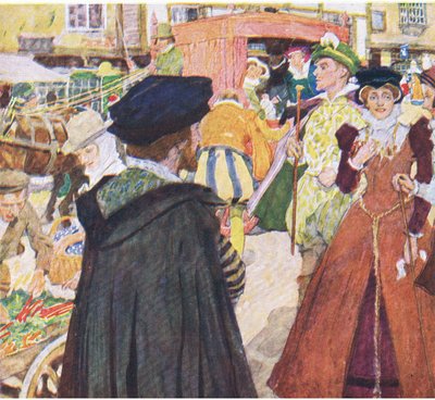 Shakespeare osserva le mode sciocche dei damerini su Ludgate Hill, da My Magazine da William Hatherell