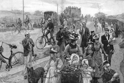 Scena di strada con molte biciclette da William Hatherell