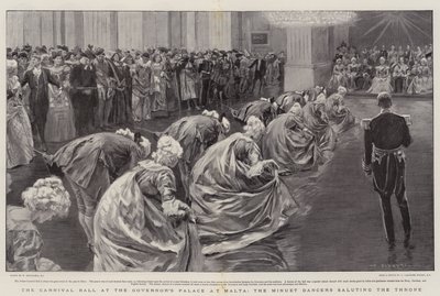 Il ballo di carnevale al Palazzo del Governatore a Malta, i ballerini di minuetto salutano il trono da William Hatherell