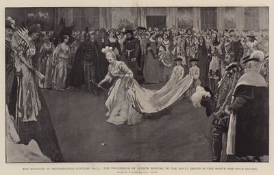 Il ballo in costume della Duchessa di Devonshire, la processione degli ospiti che si inchinano al gruppo reale nel Salone Bianco e Oro, 1897 da William Hatherell